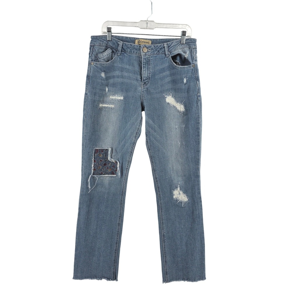 Democracy Girlfriend Distressed Jeans Size 12 Medium Wash Floral Patch Raw Hem
